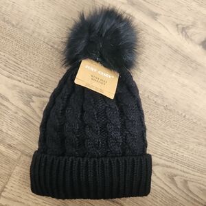NWT Just Cozy Womens Black Knit Hat with Pom Pom & soft sherpa lining